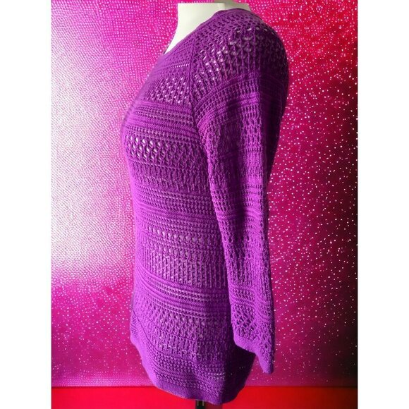 Ann Taylor Loft Petite purple quarter sleeve open knit lightweight sweater PM - Picture 5 of 8